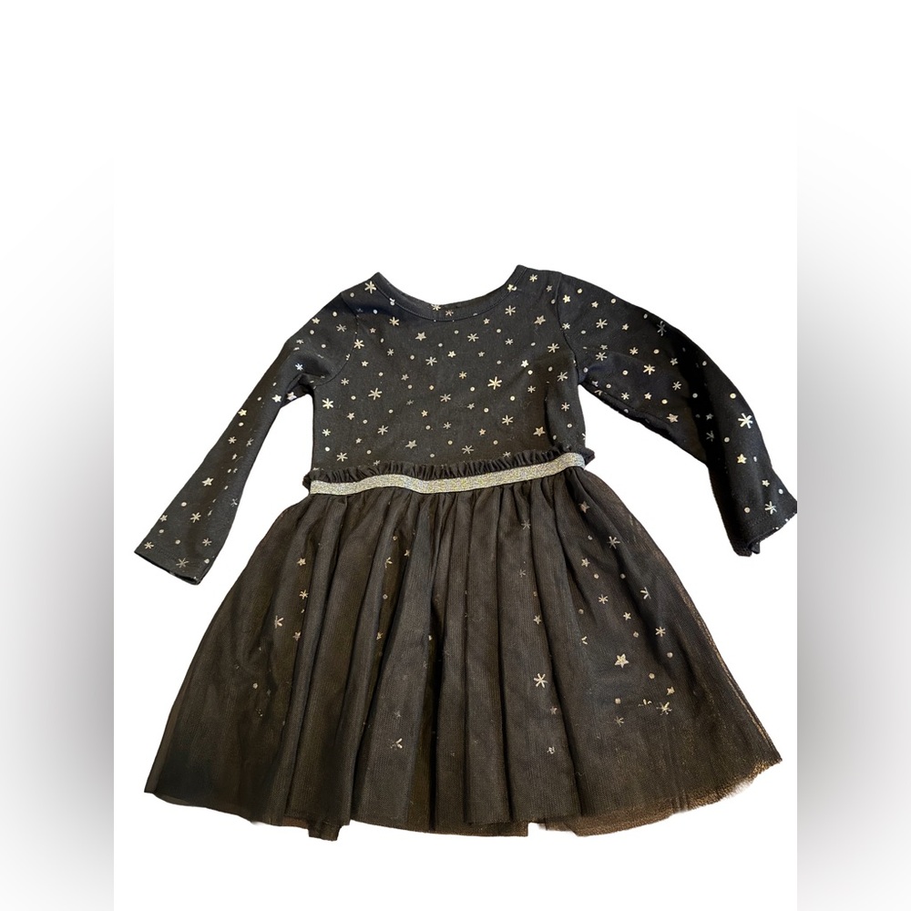 Cat & Jack 2T Black Dress with Silver Star Design Sparkly with Tulle Ruffle